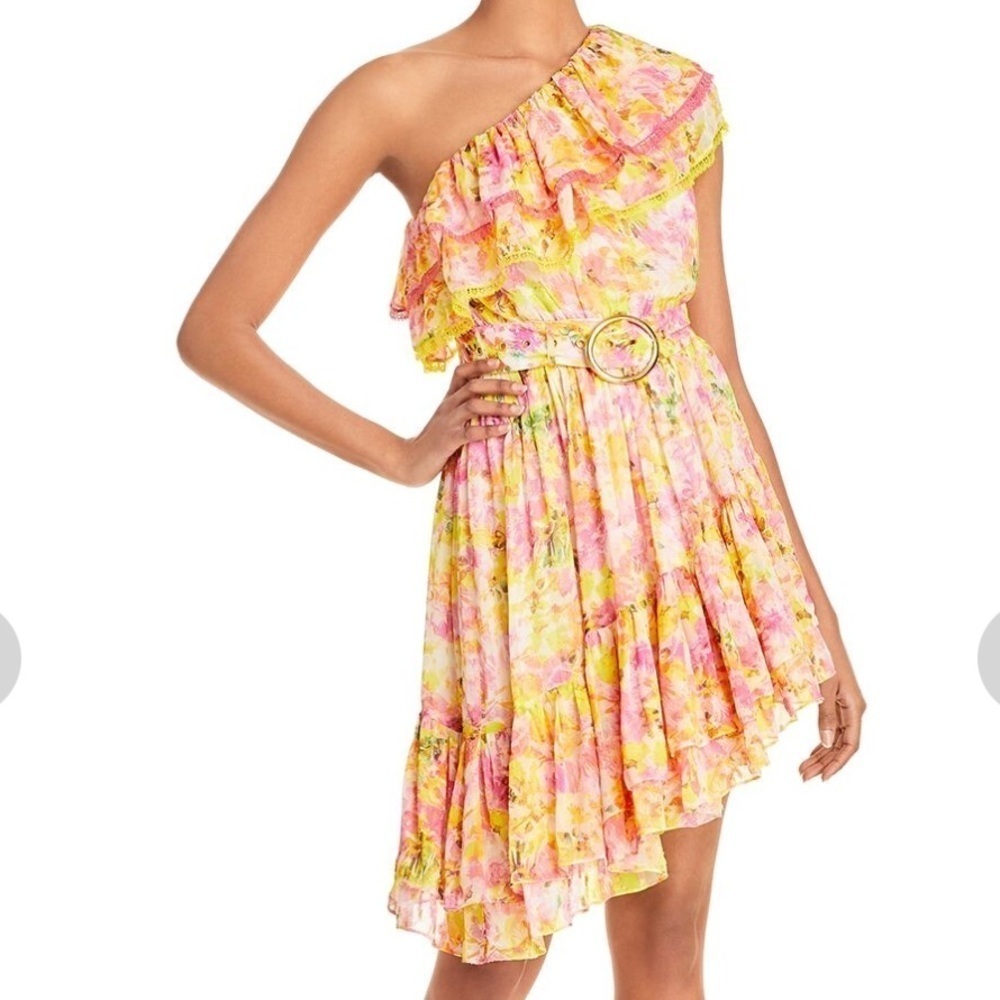 Rococo Sand Georgette Drapey Midi Cocktail Party Yellow Floral Belted Dress